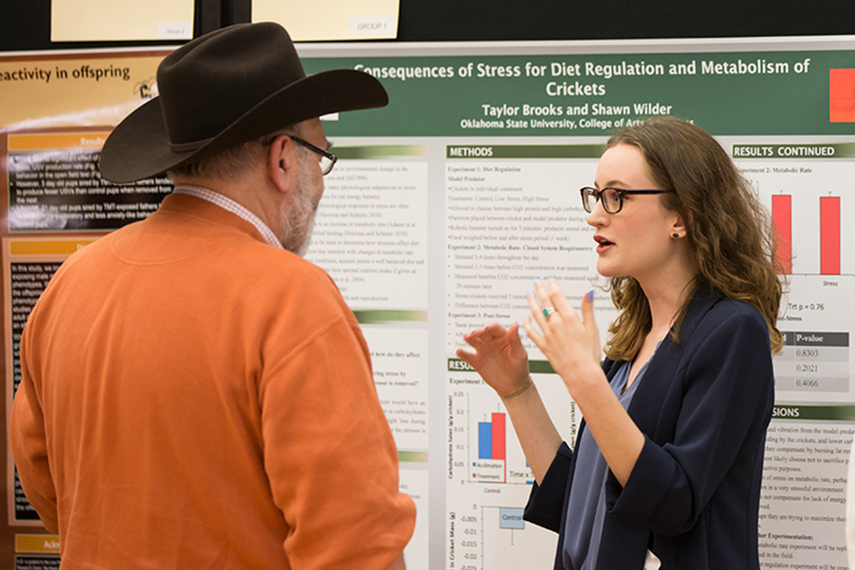 research A student discusses a research presentation with Dr. Garbutt.